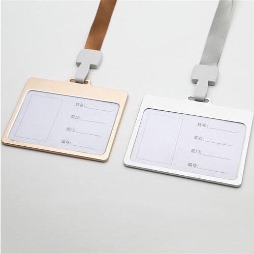 Horizontal Metal Aluminum ID Badge Card Holder Office Exhibition Working Card Name Tag With Neck Lanyard