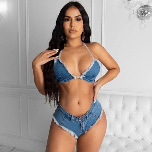 Sexy Denim Two Piece Set Women Club Outfits Festival Clothing Summer Co Ord Sets Party Club Shorts Suits Jeans Matching Sets