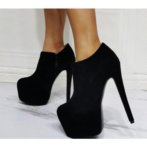 Linamong Sexy Woman Solid Black Suede Super Stiletto Heels Platform Ankle Boots Female Round Toe Party Dance Shoes Big Size 47