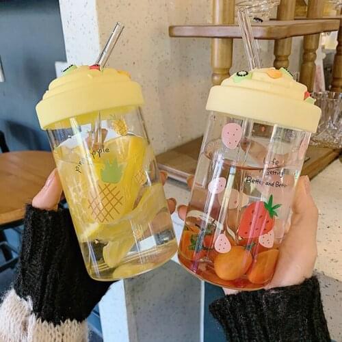 Cute Personality Photo Cartoon Water Glass Simple Fruit Cover With Straw Girl Heart Child Creative Transparent Cups