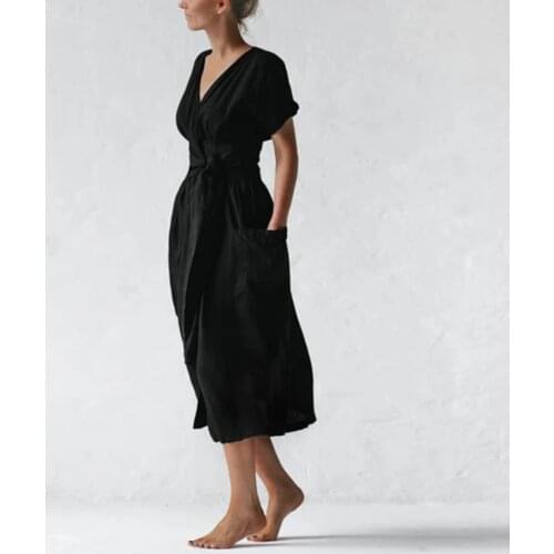 Fashion Elegant Black High Waist Maxi Dresses Women Casual Solid V-neck Pocket Short Sleeve Dress Basic Daily Long Dress
