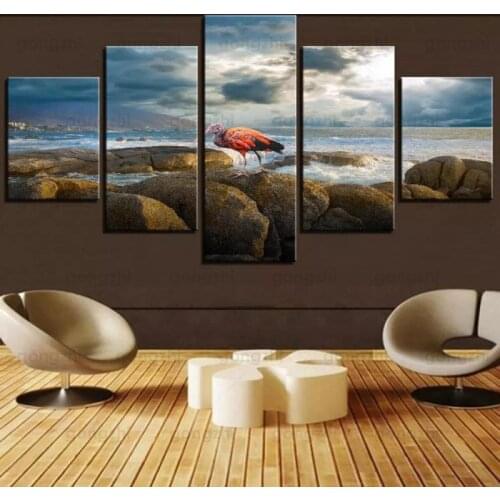 Seascape Beach Reef Red Seabird Dark Cloud Sky Wall Painting Home Decoration Frameless Modern 5Pcs Hd Printing Canvas Poster