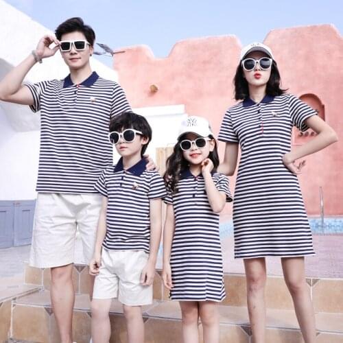 New Family outfits Summer clothing mother Girl Stripe Dress father Boy cotton Polo shirt & Pants 2pcs/sets family look 2 colors