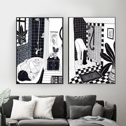 She Likes To Do Yoga In The Shower Canvas Print Art Canvas Painting Cartoon Black White Wall Pictures for Living Room Home Decor