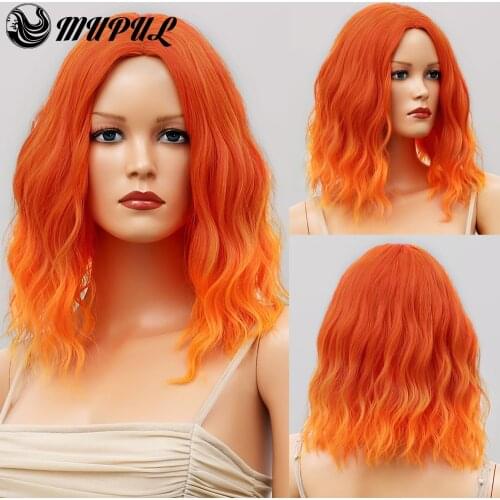 Cosplay Orange Short Wave Natural Synthetic Wig For White Women Colored Hair Heat Resistant Fiber Daily Wavy Female Ombre Wigs