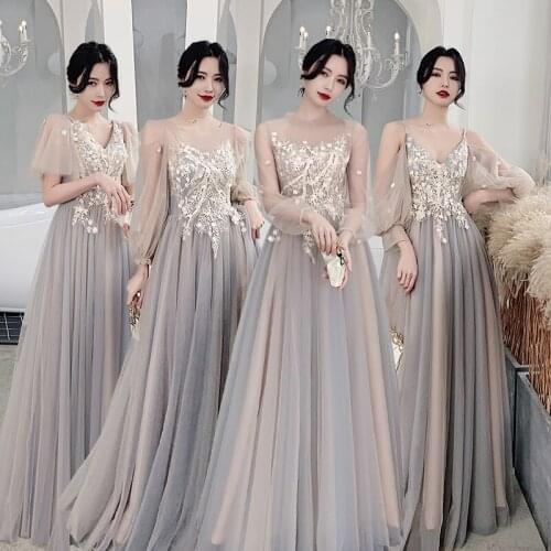 Bridesmaids Dresses Illusion Spaghetti Straps Appliques Embroidery V-Neck A-Line Floor-Length Tulle Lady Wedding Party Gown E235
