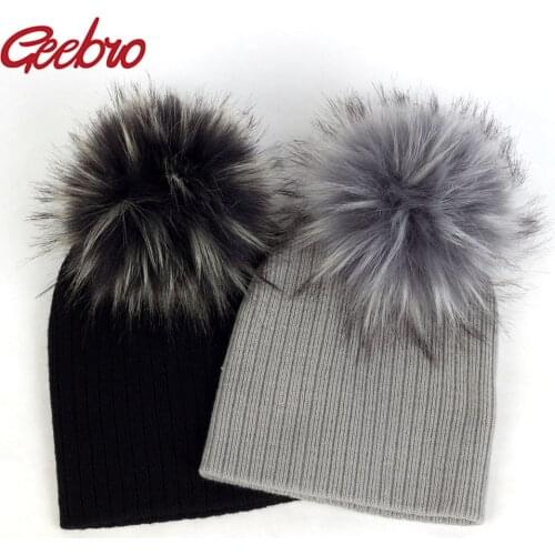 Geebro Fashion child baby Solid Color Ribbed Beanies hats With Faux fur pompom New Girls Boys Kids Soft Cute skully hats