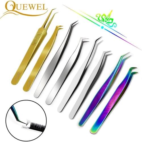 Quewel Auto-fans Eyelash Extension Tweezers Stainless Accurate Russian Fans Volume Eyelashes Tweezers Lash Grafting Makeup Tools
