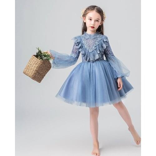 Blue Girls O-neck Long Sleeve Evening Dress Casual Baby Girls Summer Clothes for Kids Birthday Party Girls Short Dress Vestido