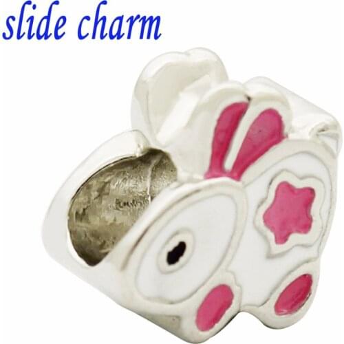 Slide charm Free shipping enamel flowers rabbit charm beads fit Pandora bracelet animal lover mother for Christmas