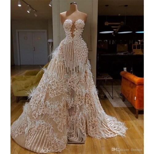 Splendid Evening Dress With Detachable Train Sweetheart Major Beading Feather Appliqued Sequins Formal Party Gowns Custom Made