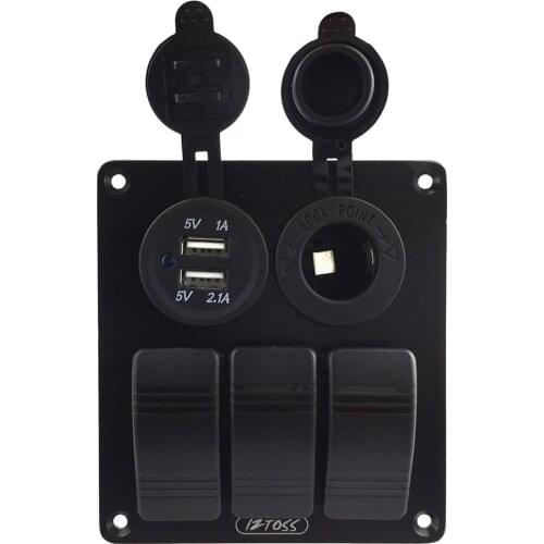 Marine Boat Rocker Switch Panel 3 Gang Waterproof ON Off Switches Red LED Light Dual USB Charger Cigarette Lighter Socket