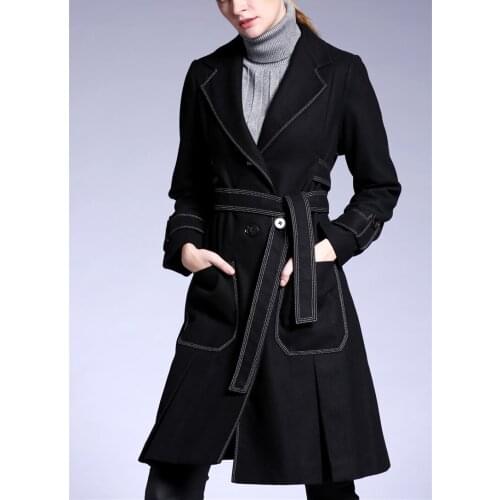 High grade 100%wool womens fashion slim boutique coat mid-long adjustable waist spliced back S36/M38/L40