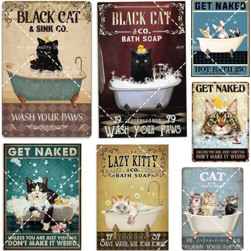 Cat Art Black Cat & Sink Wash Your Paws Metal Tin Sign Funny Bathroom Quote Vintage Office Bar Cafe Wall Decor Art 8"x12"inch