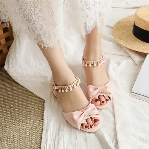 YQBTDL 2020 Fashion Summer Chunky Heels Womens Sandals Pink White String Bead Crystal Lace Bow Party Wedding Ladies lolita Shoes