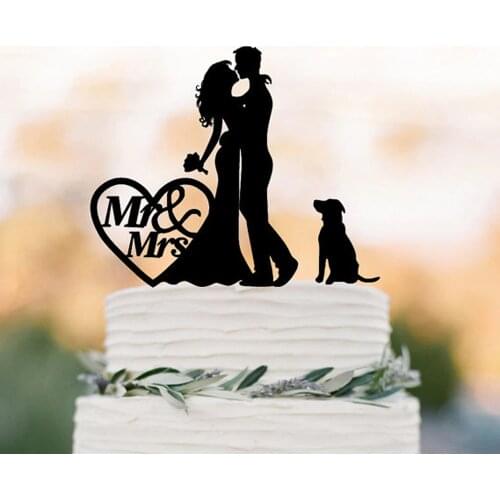 Funny Dog Wedding Cake topper mr and mrs couple silhouette Cake topper,Acrylic Silver cake toppers bride and groom with heart