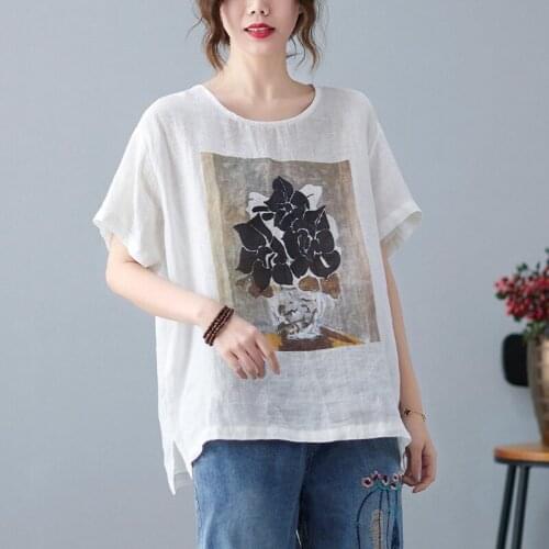 Women Summer Cotton Linen Casual T-shirts New Arrival 2021 Simple Style Floral Print Loose Female Short Sleeve Tops Tees S4013