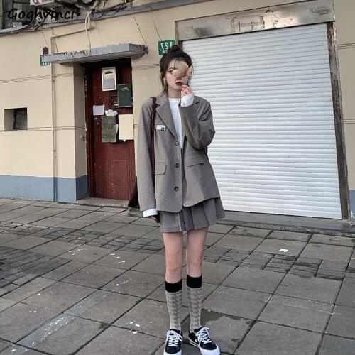 Women Sets 2 Piece Plaid Retro Harajuku Spring Long Sleeve Single Breasted Coat Pleated College Skirts Student Ulzzang Leisure
