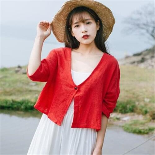 2021 New Autumn Women One Button Jacket Cotton Linen Soft Bat Sleeve Cardigan Simple Short Style Loose Cloak Jacket Female Shrug