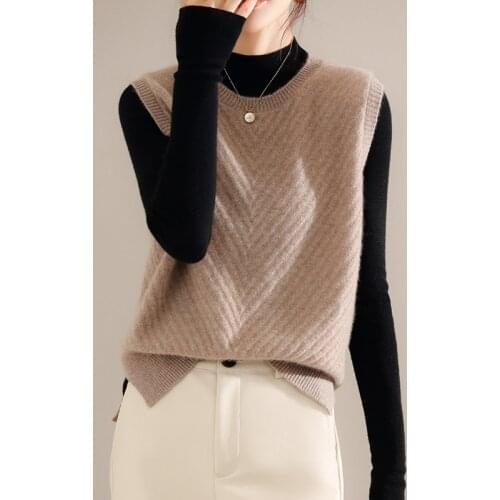 2021 Womens Spring Autumn 100% Wool Knitted Vest Both Sides Split Loose Sweater Waistcoat Female O-Neck Pullover Sleeveless Top