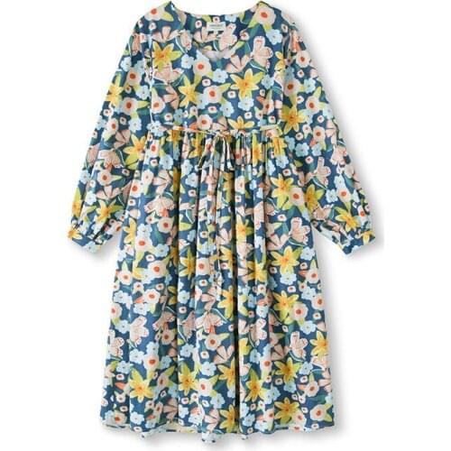 Flower dress female Nice early spring new Korean design fashion V-neck mid-length dress female Ruffles Straight Casual