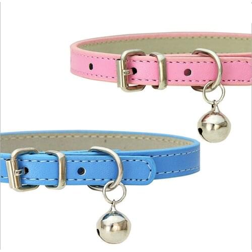 10 Colors PU Cat Dog Collar Adjustable Pet Neck Strap Candy Color Dog Cat Neck Ring Safety Buckle Cute Cat Collar with Big Bell