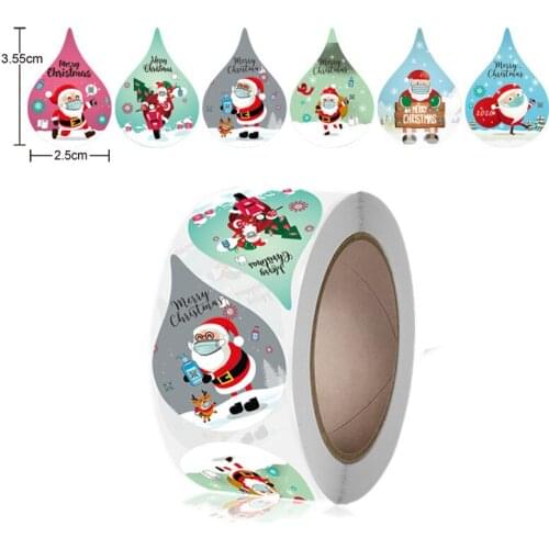 6 Styles Cute Water Droplets Merry Christmas Stickers Santa Claus with Face Mask Sealing Label for Xmas Holiday party Gift Decor