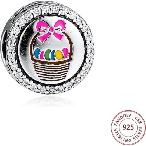 Authentic 925 Sterling Silver Clear CZ Easter Basket Charms Fits Europe Bracelet Necklace DIY Beads for Jewelry Making Kralen