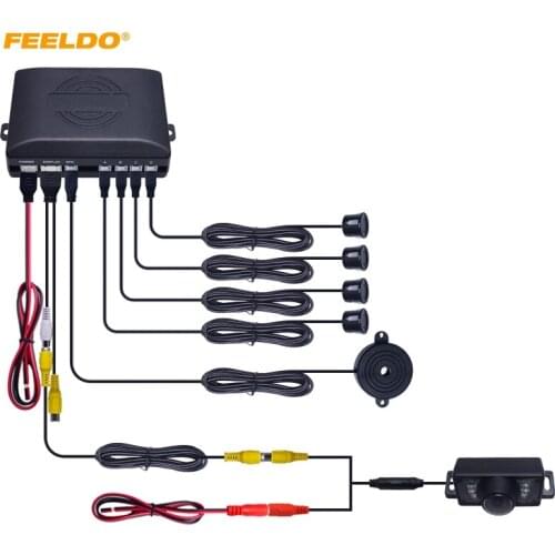 FEELDO 1Set Car 4-Sensor Rearview Parking Sensor + License Plate Camera Video Reverse Parking Sensor System #AM1550