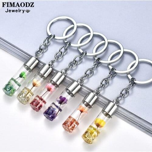 FIMAODZ Plant Dried Flower Keychain Charm Dry Eternal Flower Bottle Exquisite Color Pendant Key Chain Ring for Women Girl Gift