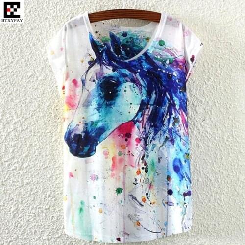 Summer Women Ink Painting Loose T-shirt,Ultra-thin Cool Fashion Horse Cat Owl Pattern 3D Print O-Neck Girl Bat Shirt Female Tops