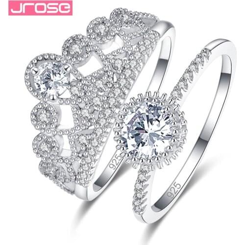 JROSE 2019 Princess Silver Color Exquisite Bijoux Fashion Wedding Engagement Couple Ring Set Cubic Zirconia Jewelry Party