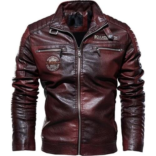 Leather Jacket Men Winter Fleece Motorcycle PU Pilot Coats Casual Slim Stand Collar Military Biker Bomber Faux Leather Jackets