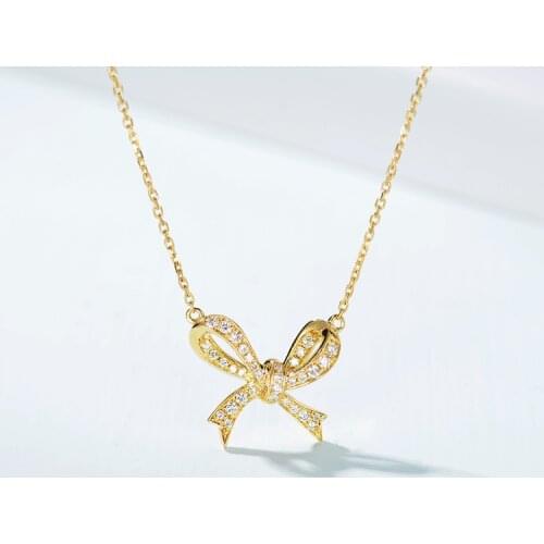 Cute Gold Bowknot Pendant with Bling Zircon Stone Long Chain Necklace for Women Fashion Jewelry Choker