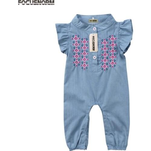 2018 New Cute Infant Baby Girls Newborn Ruffles Sleeve Short Sleeve Embroidered Rompers Playsuit Size 0-24M