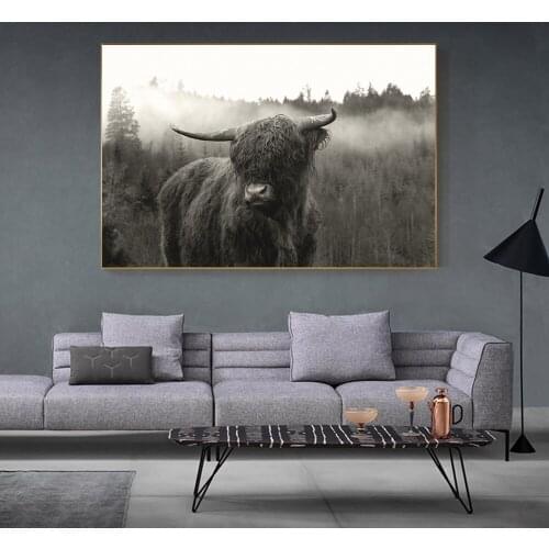 New HD Highland Cow Poster Canvas Art Animal Posters and Prints Black White Painting Wall Nordic Decoration Wall Picture Living
