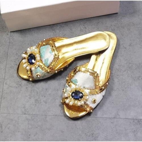 Phoentin Embroidery Flower Satin Flat Slippers Woman Sexy Open Toe Beading Pearl Rhinestone Crystal Slip-on Lazyman Mules FT1566