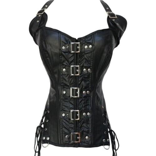 Hot Steampunk Costume Women Sexy Halter Brown Corset and Bustiers Button Up Tops Chest Binder Plus Size Corset Waist Trainer