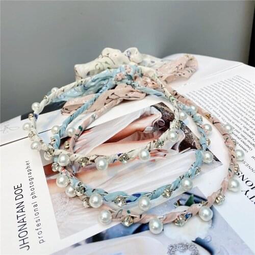 Pearl studded floral streamer headband Sen system lady sweet big bow braided hair accessories tied hair female