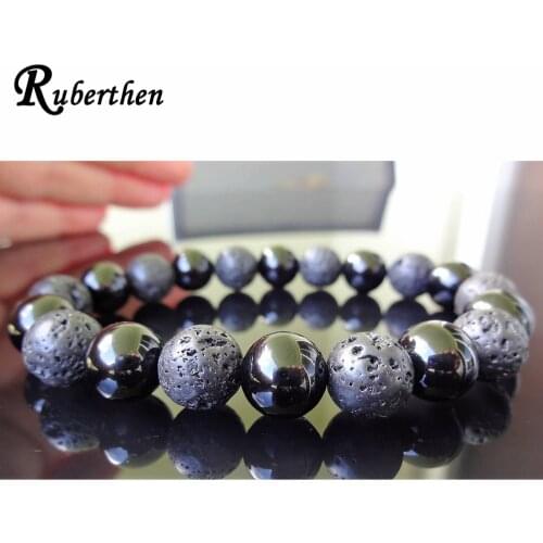 Ruberthen 10 mm Natural Lava Energy Bead Bracelet for Men New Design Men`s Black Tourmaline Bracelet