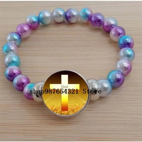 Handmade Jesus Savior Cross Bracelet God and Us Glass Cabochon Color Bead Bracelet Christian Faith Gift