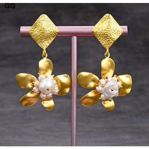 GuaiGuai Jewelry Handmade White Keshi Pearl Flower Yellow Gold Color Plated Stud Dangle Stud Earrings For Women