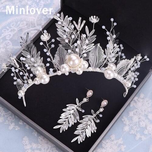 Minlover Pearl Flower Bridal Tiaras and Crowns with Earring Handmade Bead Wedding Hair Accessories Headbands Women Jewelry HG165