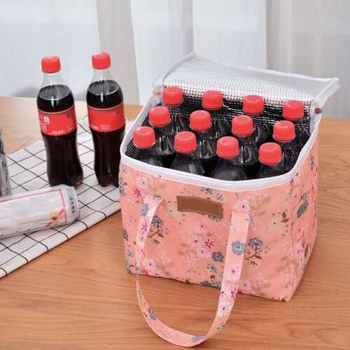 Large Thermal Lunch Bags For Women Flower Print Waterproof Outdoor Picnic Food Drink Cooler Storage Bag With Side Pocket