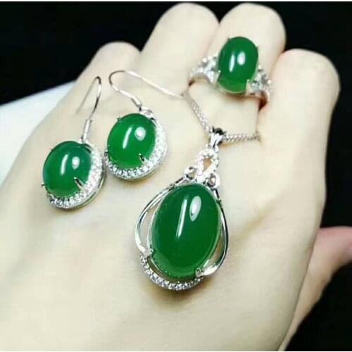 Fine Jewelry 925 Mosaic Natural Chalcedony Pendant Ring And Earring Three-Piece Suit Distribution Chain
