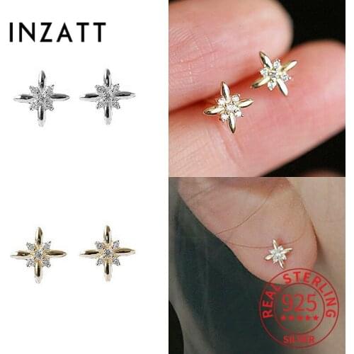 INZATT Real 925 Sterling Silver Zircon Cross Star 14K Stud Earrings For Women Fine Jewelry Classic Accessories Drop Shipping