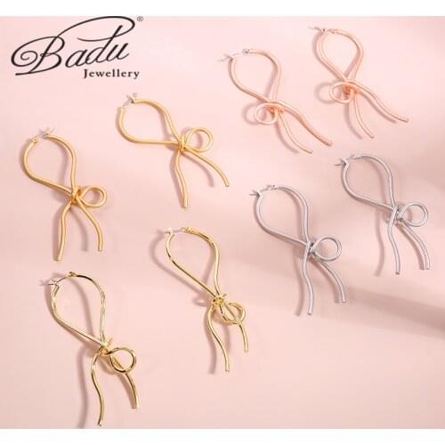 Badu 14k Golden Color Big Metal Bow Earrings For Women Elegant Female Fashion Jewelry Simple Copper Hanging Earrings Party Gift