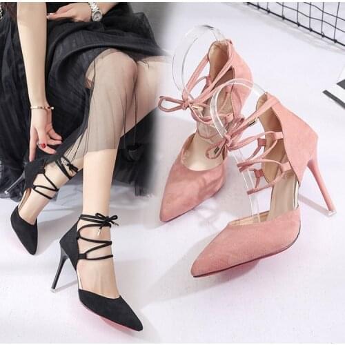 Spring and summer new 2018 pointed high heels stiletto cross strap sandals suede female 10cm