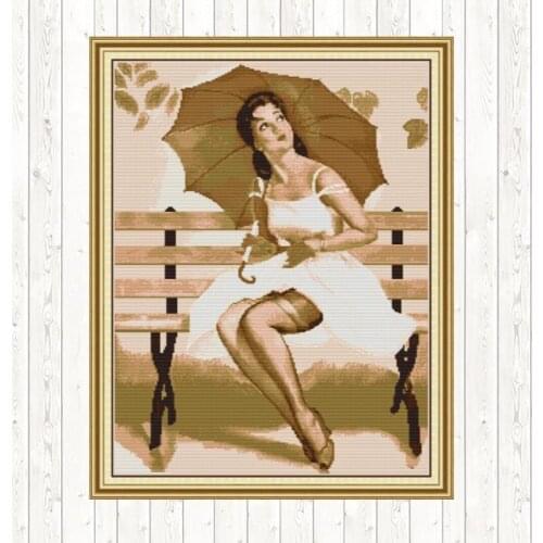 Woman with The Umbrella Stamped Cross Stitch Sets for Embroidery Kits 14CT 11CT Count Print Fabric DIY Handmade Needlework Sets