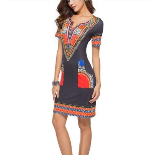2021 Women Sexy Ethnic Style Print V-collar Casual Short Sleeve Dress Ethnic Style Slim Smootn Touch Striaght Dress